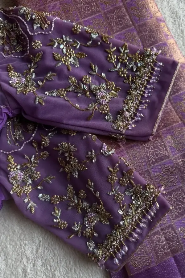 Buy Online Lavender Net Zardosi Party Wear Maggam Work Blouse Premium Ready-to-Wear Under 7K
