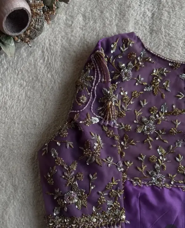 Buy Online Lavender Net Zardosi Party Wear Maggam Work Blouse Premium Ready-to-Wear Under 7K
