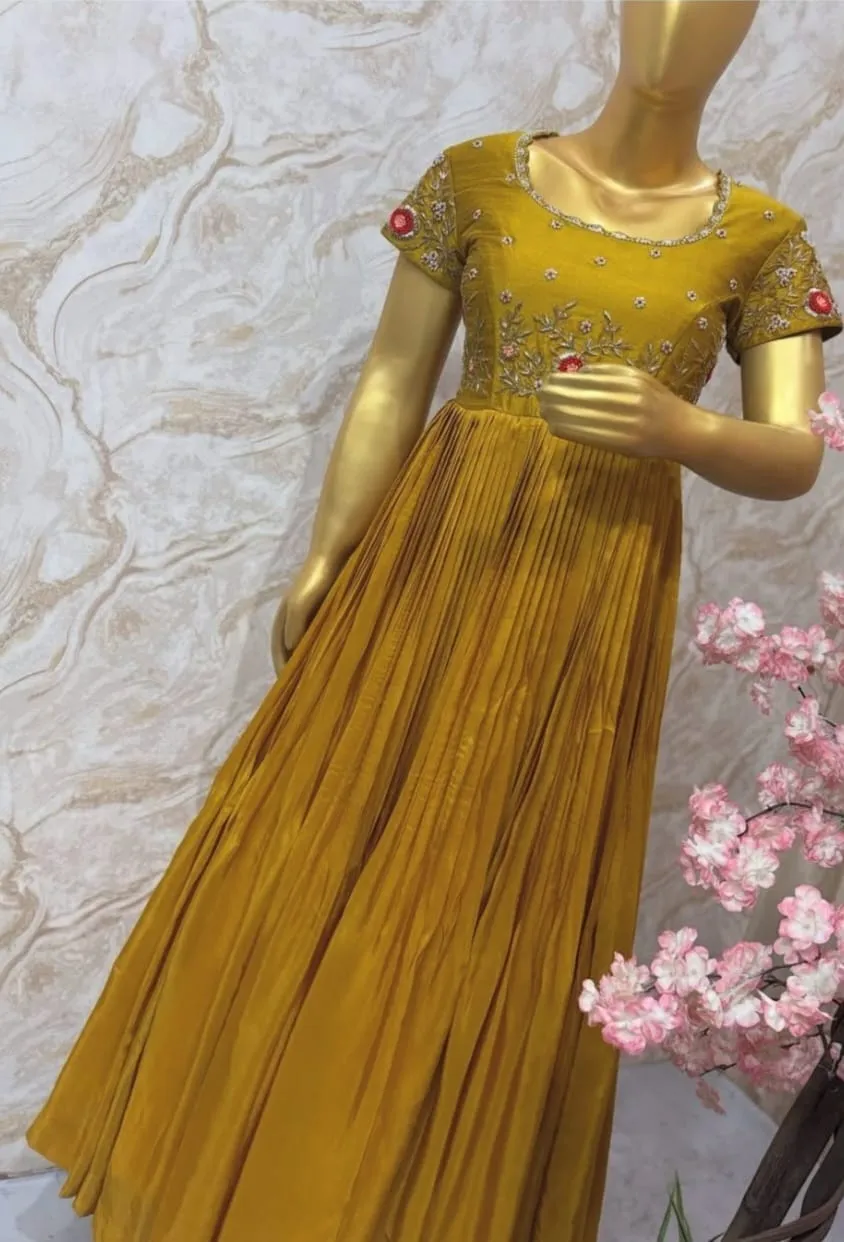 Buy Online Mustard Yellow Maggam Work Long Frock Set Ready-to-Wear Designer Outfit Under 8K Custom Sizes Available