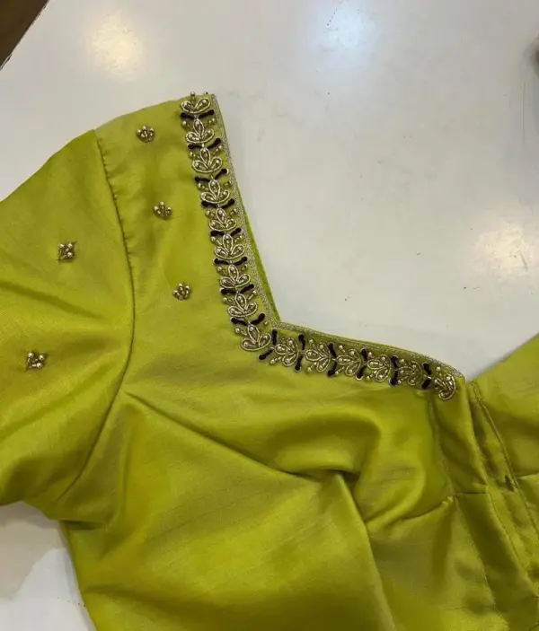 Buy Online Parrot Green Minimal Round Neck Maggam Work Blouse Trending Ready-to-Wear Design at Best Price