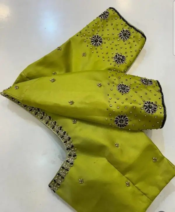 Buy Online Parrot Green Minimal Round Neck Maggam Work Blouse Trending Ready-to-Wear Design at Best Price