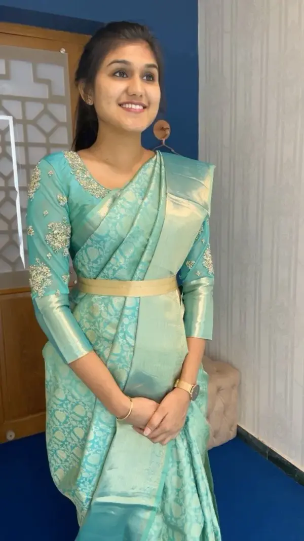 Designer Tael Green Maggam Work Blouse Net Long Sleeves Pattu Saree Blouse at Affordable Price