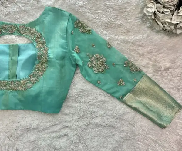 Designer Tael Green Maggam Work Blouse Net Long Sleeves Pattu Saree Blouse at Affordable Price