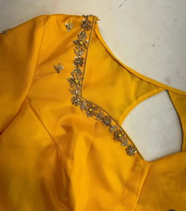 Exclusive Mustard Yellow Maggam Work Net Blouse Trending Wedding Wear