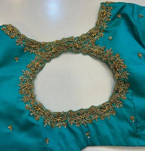 Latest Blue Net Checks Maggam Work Blouse Premium Stylish Bridal Wear