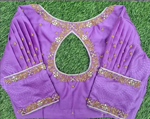 Lavender Puff Sleeves Party Wear Embroidery Work Blouse High Fashion Pick