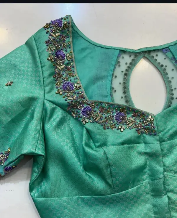Premium Turquoise Green Layered Maggam Work Blouse Designer Wedding Collection
