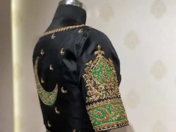 Shop Latest Black Moon Maggam Work Blouse | High Neck Trending Designer Blouse at Affordable Price