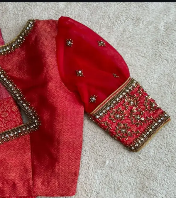 Showstopping Red Maggam Work Wedding Blouse Elegant Layered Puff Sleeve Design