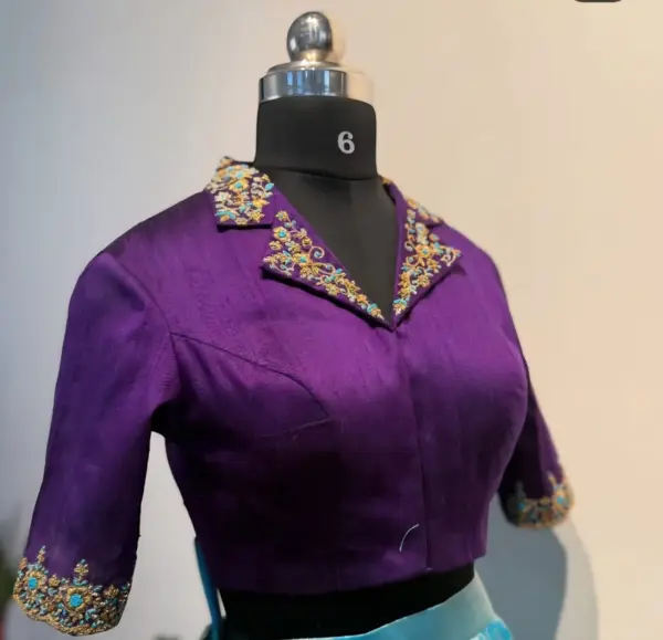 Stunning Purple Collar Neck Budget Maggam Work Blouse Elegant Party Wear
