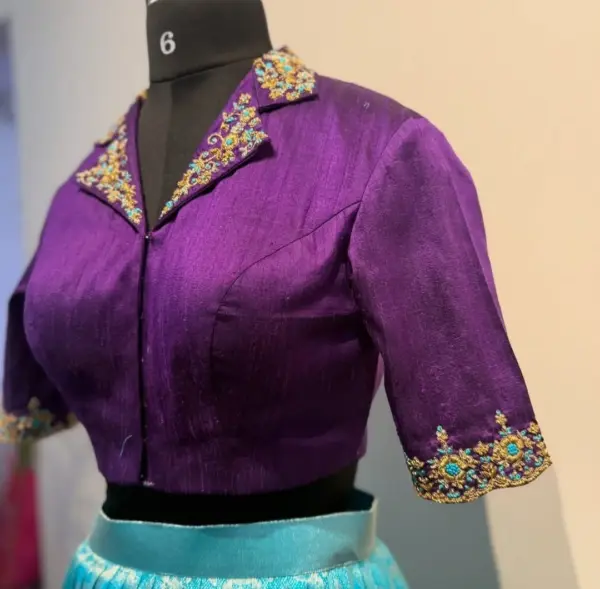 Stunning Purple Collar Neck Budget Maggam Work Blouse Elegant Party Wear