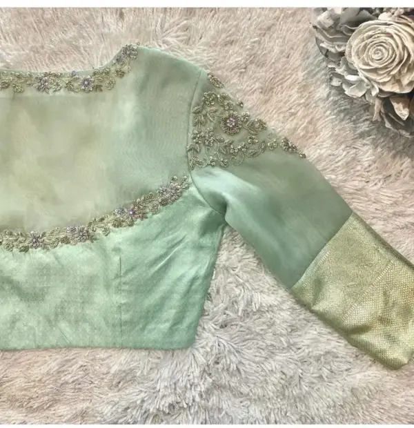Tael Green Bridal Pattu Saree Blouse Net Long Sleeves Budget Maggam Work Perfection