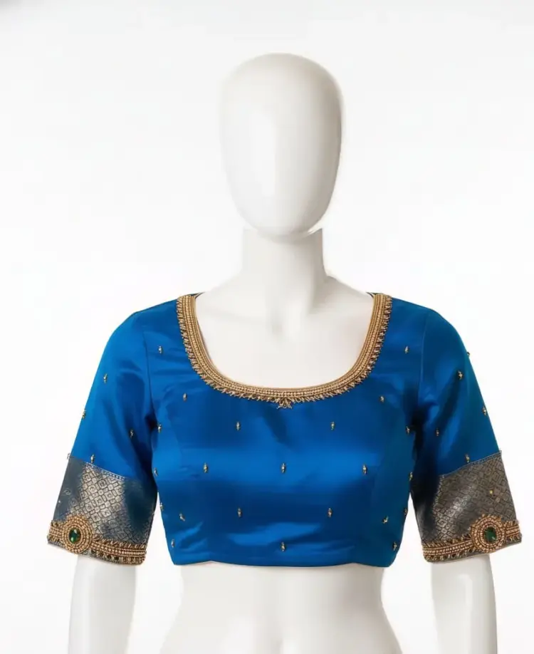 Blue High Neck Maggam Work Blouse for Sarees Elegant & Budget-Friendly Custom Stitch