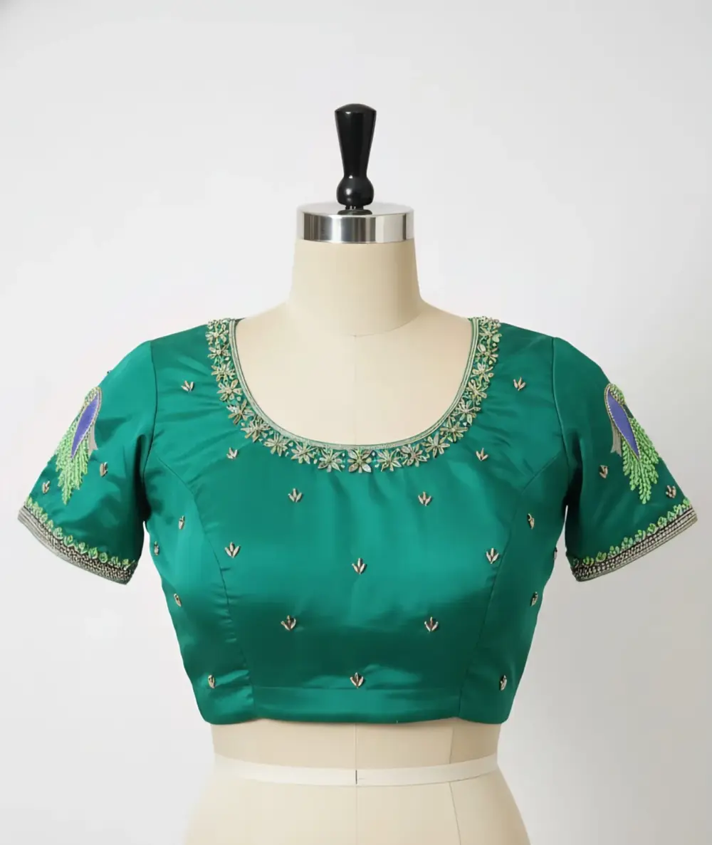 Bottle Green Bridal Maggam Work Blouse Trendy Short Sleeves Best Deal Online