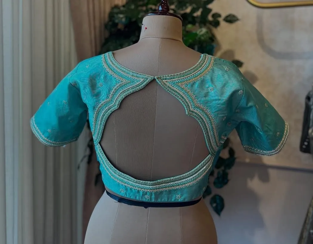 Charming Sky Blue Maggam Work Blouse Custom Stitching Budget Collection