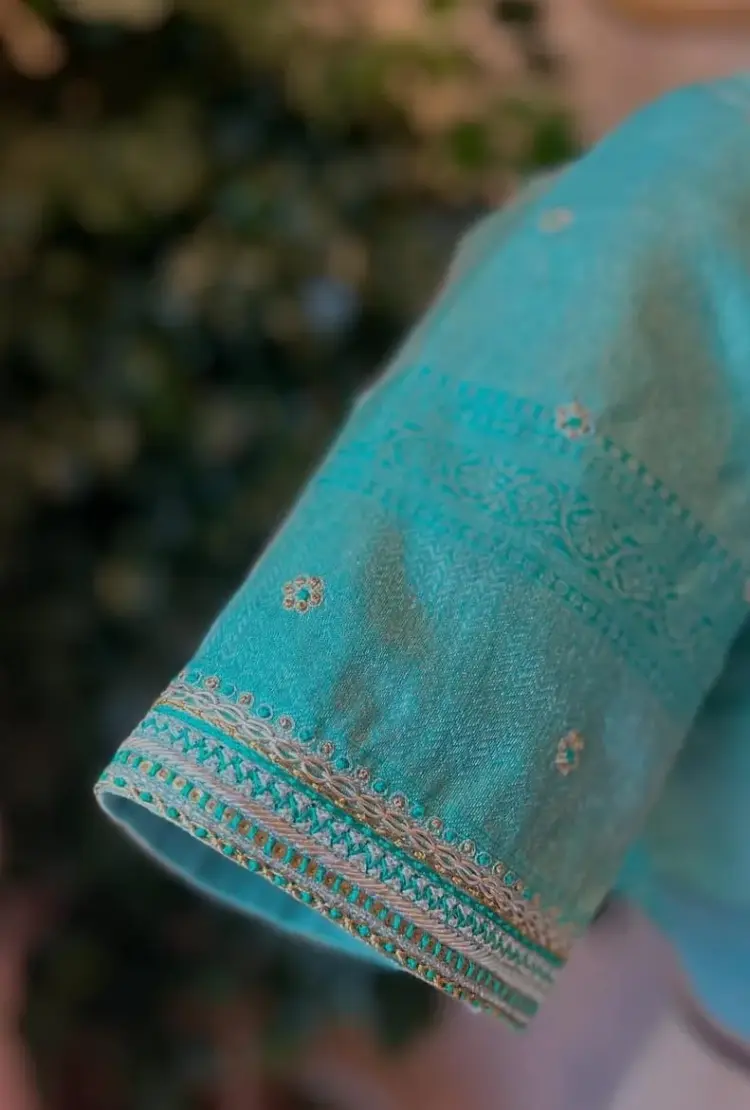 Charming Sky Blue Maggam Work Blouse Custom Stitching Budget Collection
