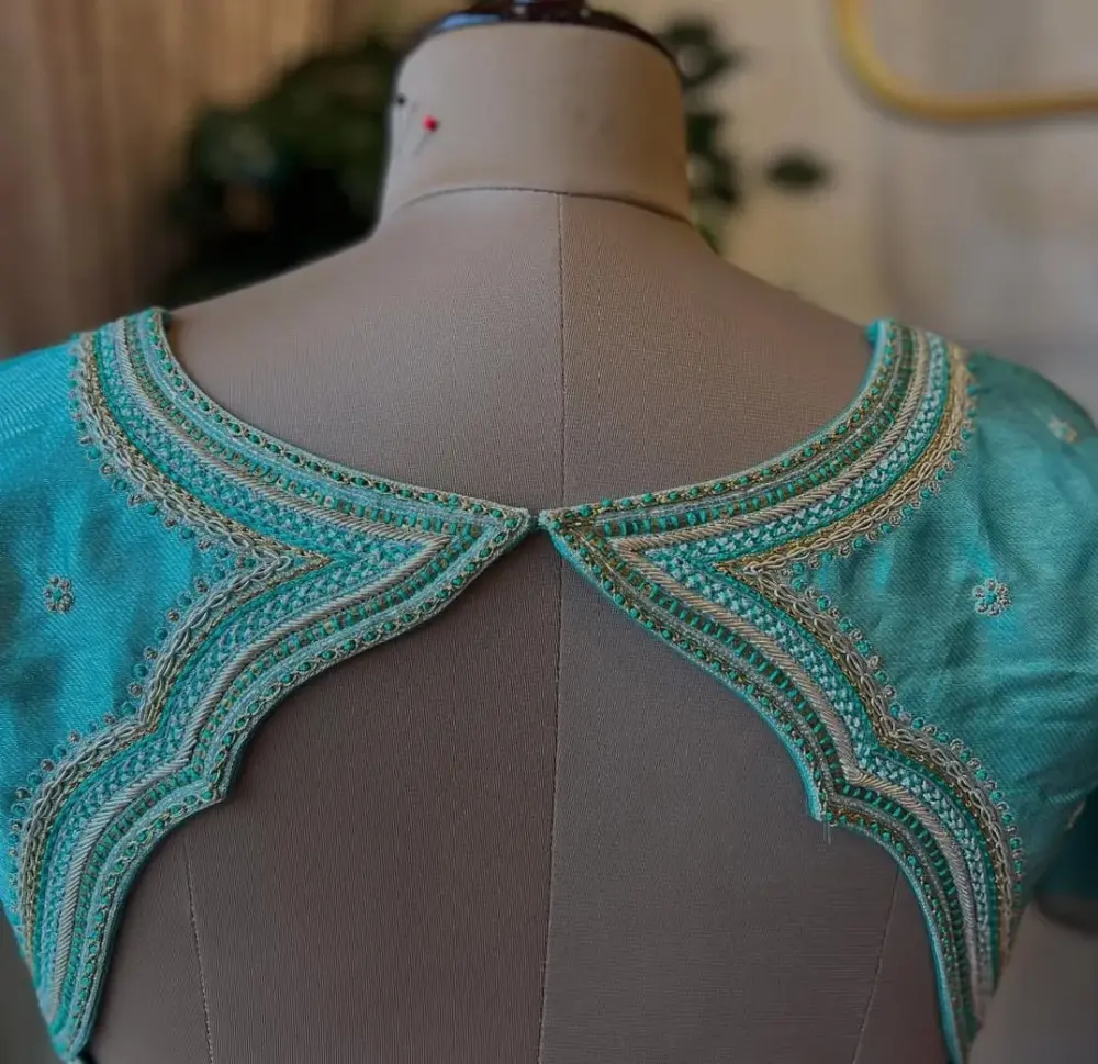 Charming Sky Blue Maggam Work Blouse Custom Stitching Budget Collection