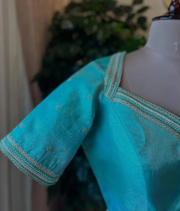 Charming Sky Blue Maggam Work Blouse Custom Stitching Budget Collection