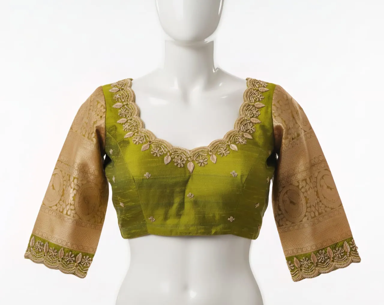 Chic Minimal Mehandi Green Blouse | Designer Cutwork & Maggam Detailing Budget-Friendly & Customizable
