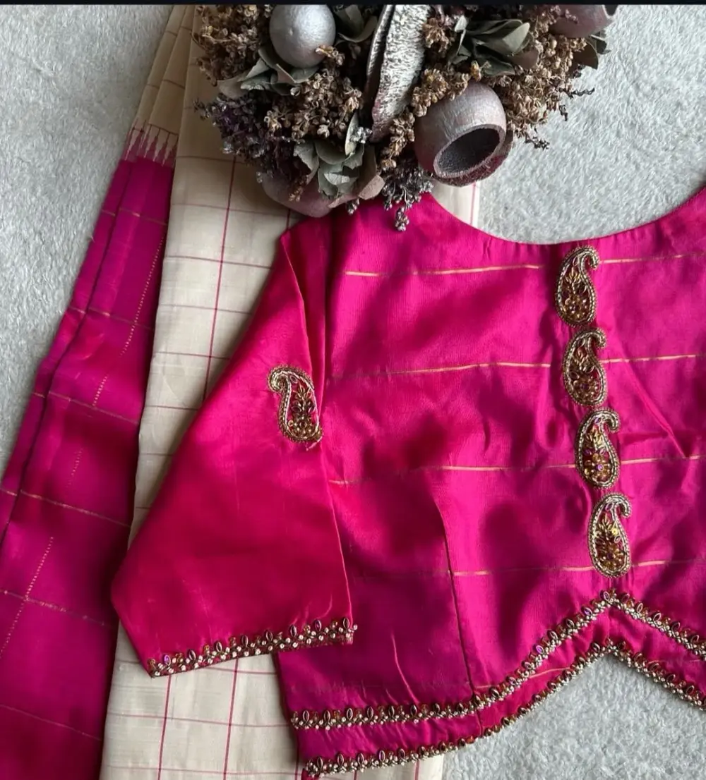 Designer Pink High Neck Party Wear Maggam Work Blouse Luxury Look for Sarees Affordable Price & Custom Fit