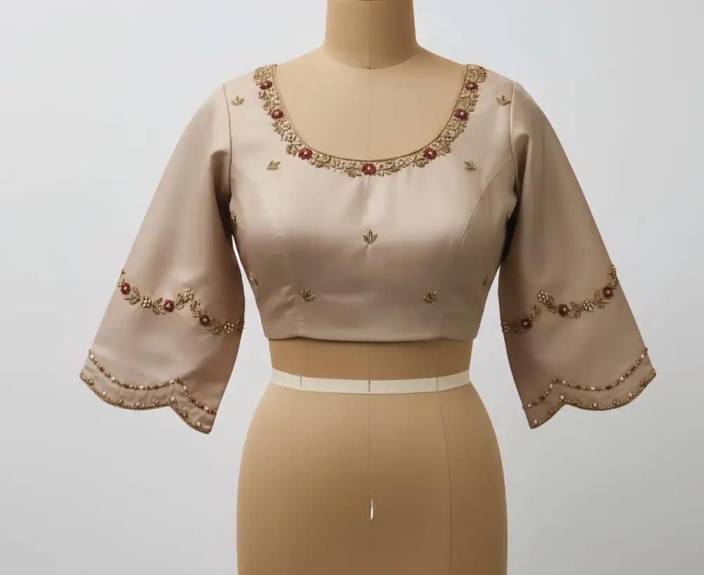 Elegant Beige Cutwork Maggam Work Blouse Custom Sizes Budget-Friendly Designer Piece