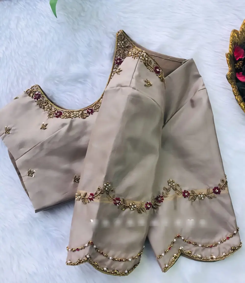 Elegant Beige Cutwork Maggam Work Blouse Custom Sizes Budget-Friendly Designer Piece