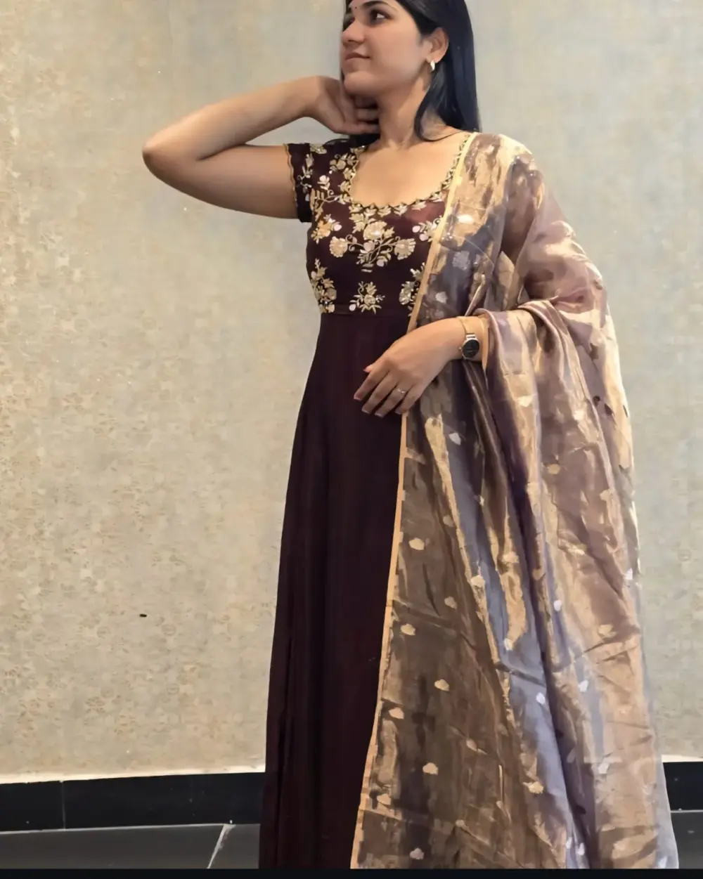 Elegant Coffee Brown Wedding Maggam Work Long Frock with Dupatta Custom Sizes Best Price Offer