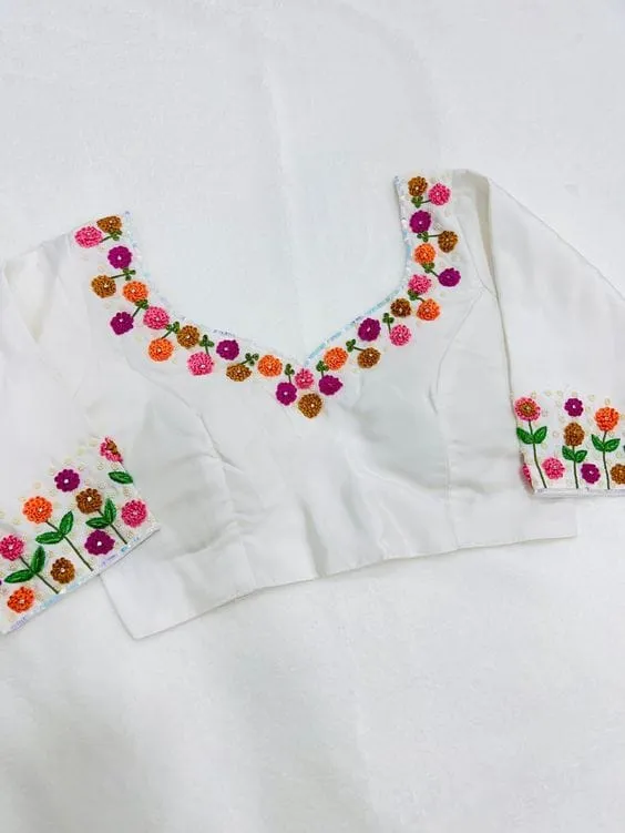 Elegant White Thread Flower Maggam Work Blouse Budget-Friendly & Custom Sizes