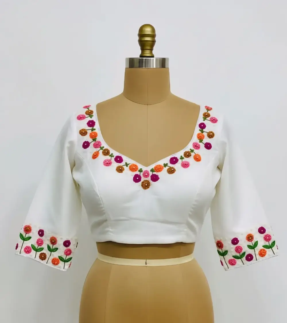 Elegant White Thread Flower Maggam Work Blouse Budget-Friendly & Custom Sizes