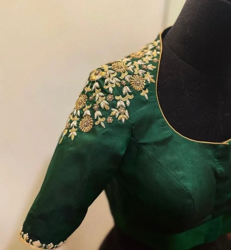 Exclusive Bottle Green Bridal Blouse High Neck Maggam Work Best Budget Deal with Custom Size Option