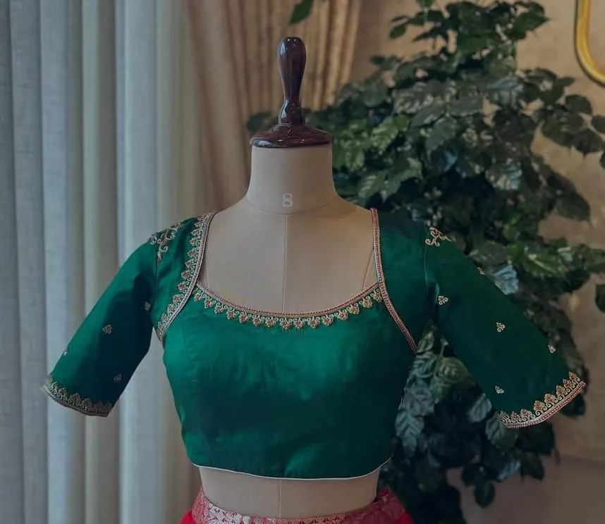 Exclusive Bottle Green Zardosi Blouse Grand Wedding Design, Made in Custom Sizes
