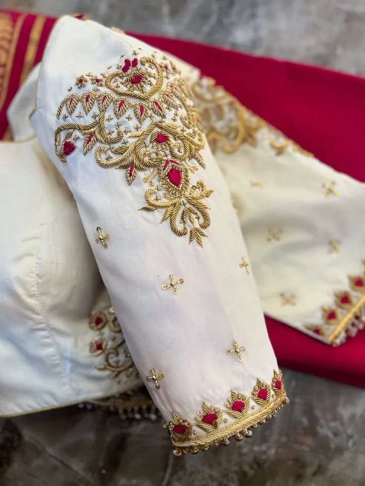 Exclusive Half White Zardosi Wedding Blouse Royal Maggam Work Design for Brides