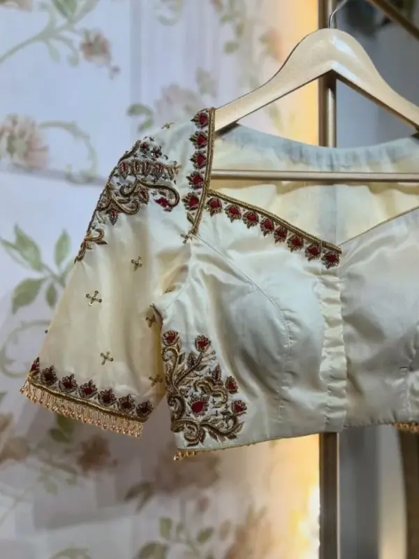 Exclusive Half White Zardosi Wedding Blouse Royal Maggam Work Design for Brides