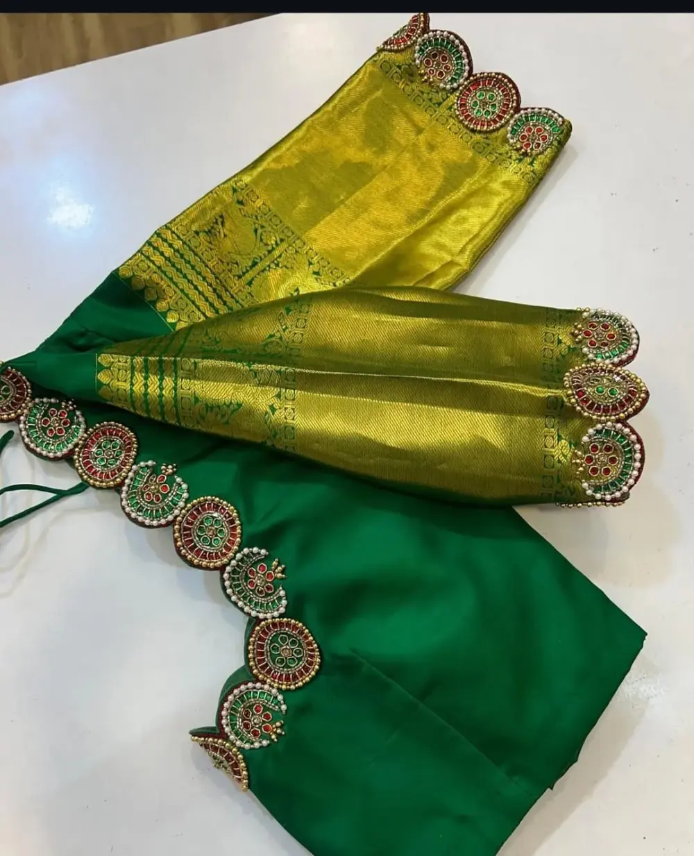 Exclusive Leaf Green Bridal Maggam Work Blouse with Jadao Kundan & Cutwork Design Custom Fit