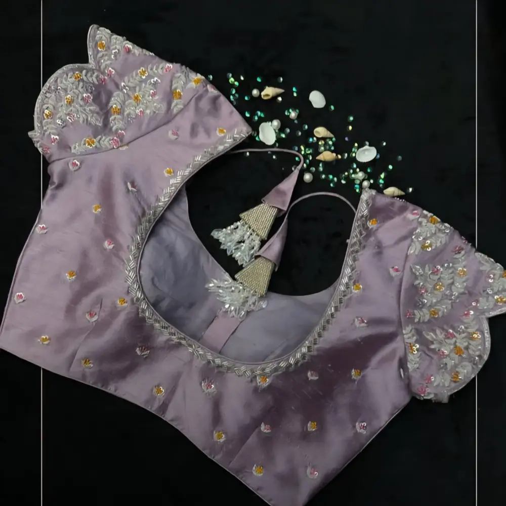 Exclusive Lilac Bridal Maggam Work Blouse  Elegant Cutwork Design at Affordable Price 2