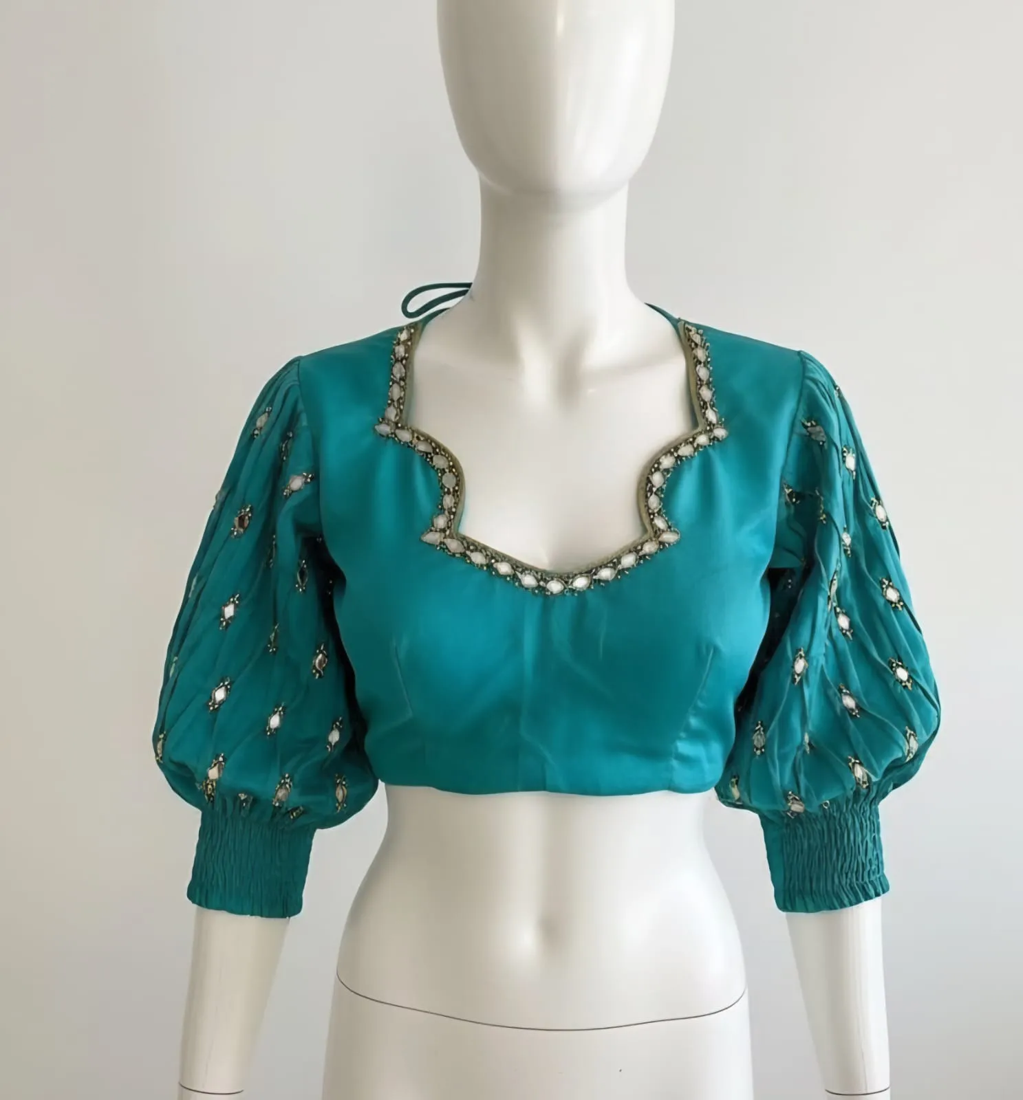 Exclusive Rama Green Bridal Maggam Blouse Trendy Puff Sleeves Custom Made Affordable