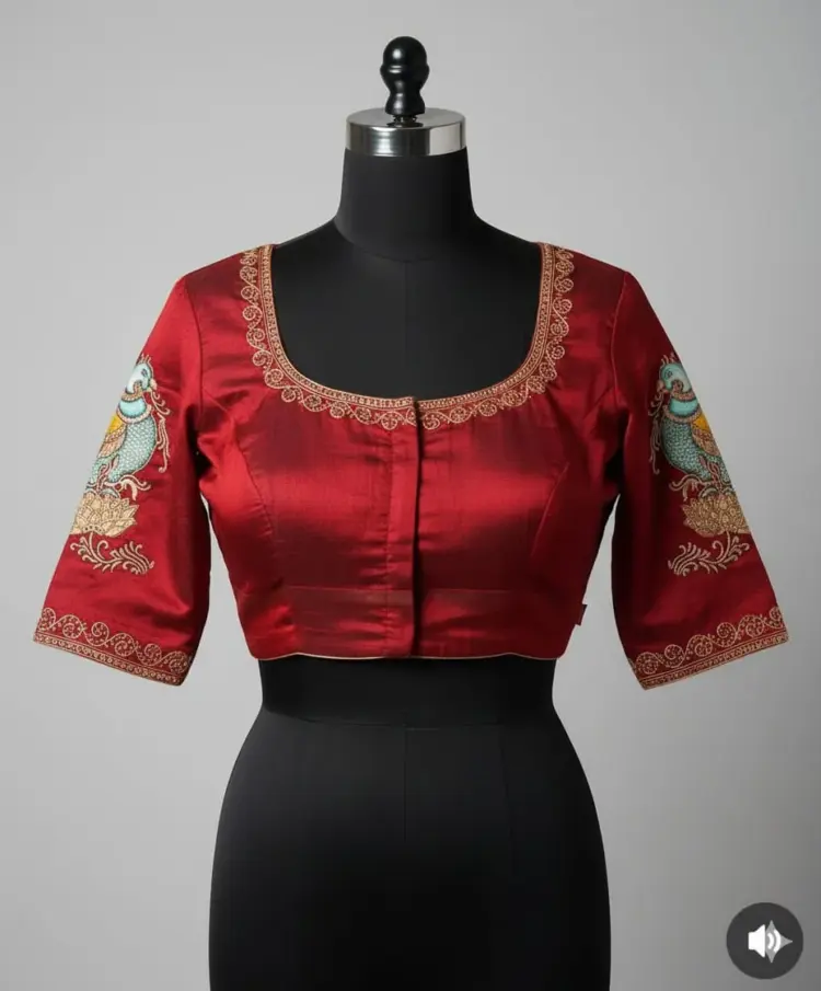 Exclusive Tanjore Art Peacock Blouse in Red Raw Silk Premium Bridal Masterpiece