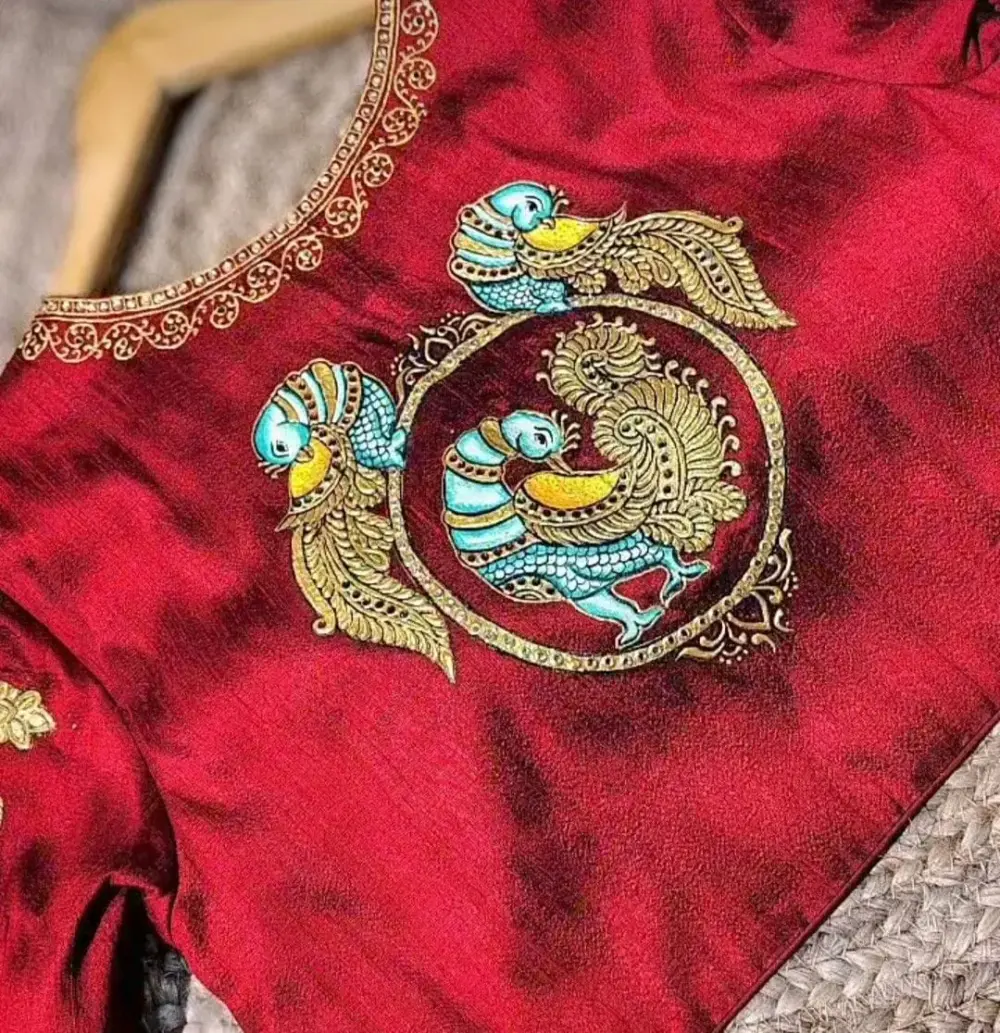 Exclusive Tanjore Art Peacock Blouse in Red Raw Silk Premium Bridal Masterpiece
