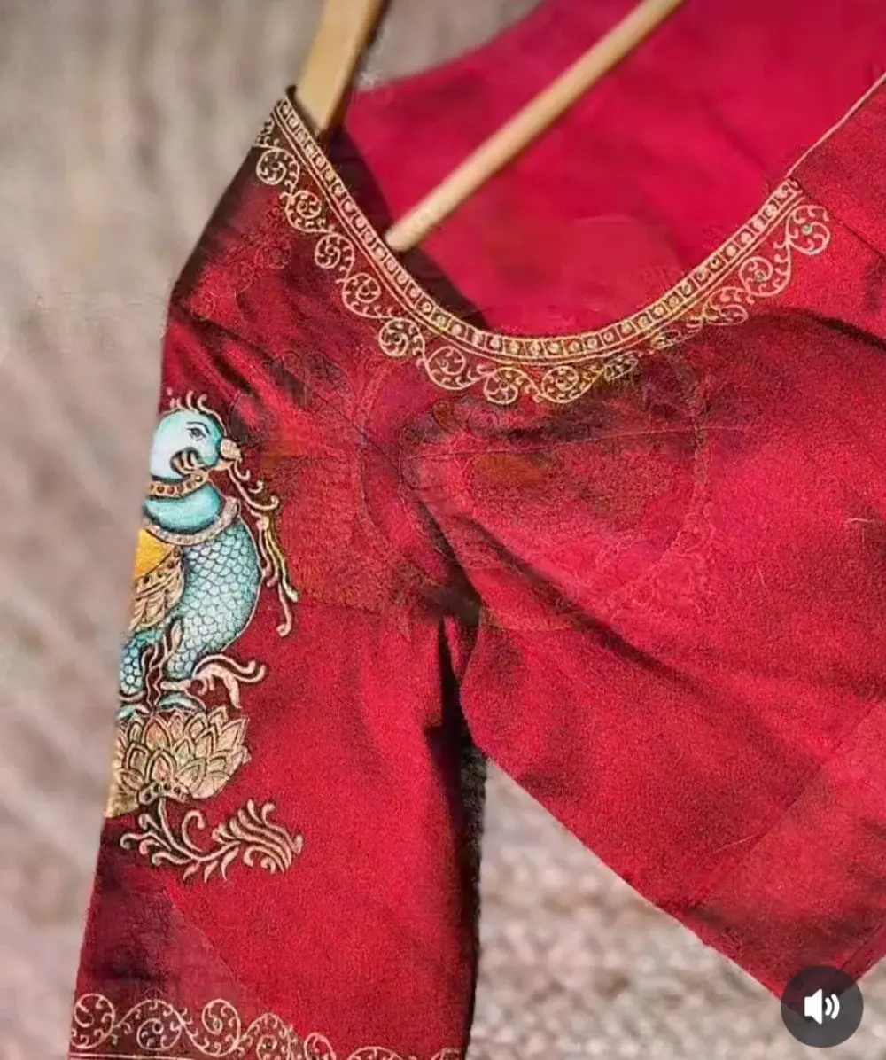 Exclusive Tanjore Art Peacock Blouse in Red Raw Silk Premium Bridal Masterpiece