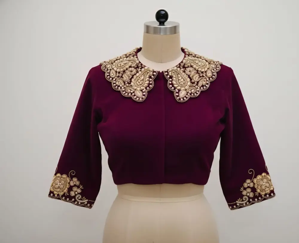 Exclusive Wine Colour Velvet Maggam Blouse Trendy Collar Neck Custom Fit