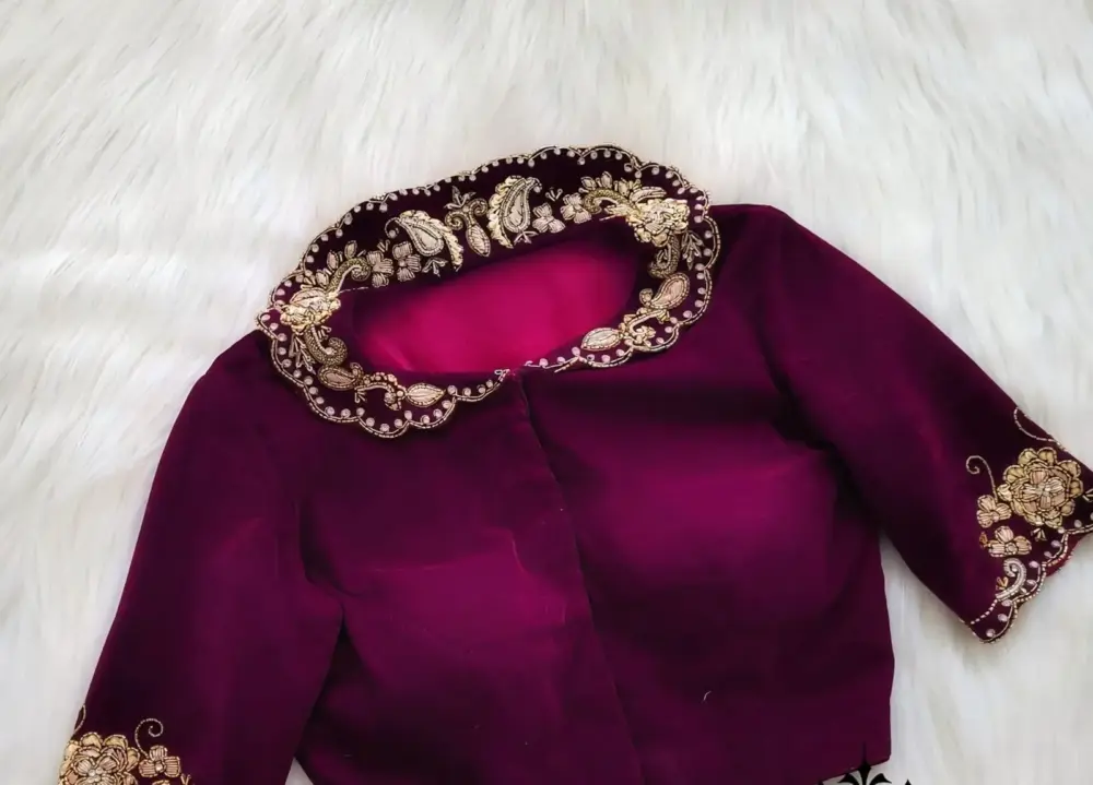 Exclusive Wine Colour Velvet Maggam Blouse Trendy Collar Neck Custom Fit