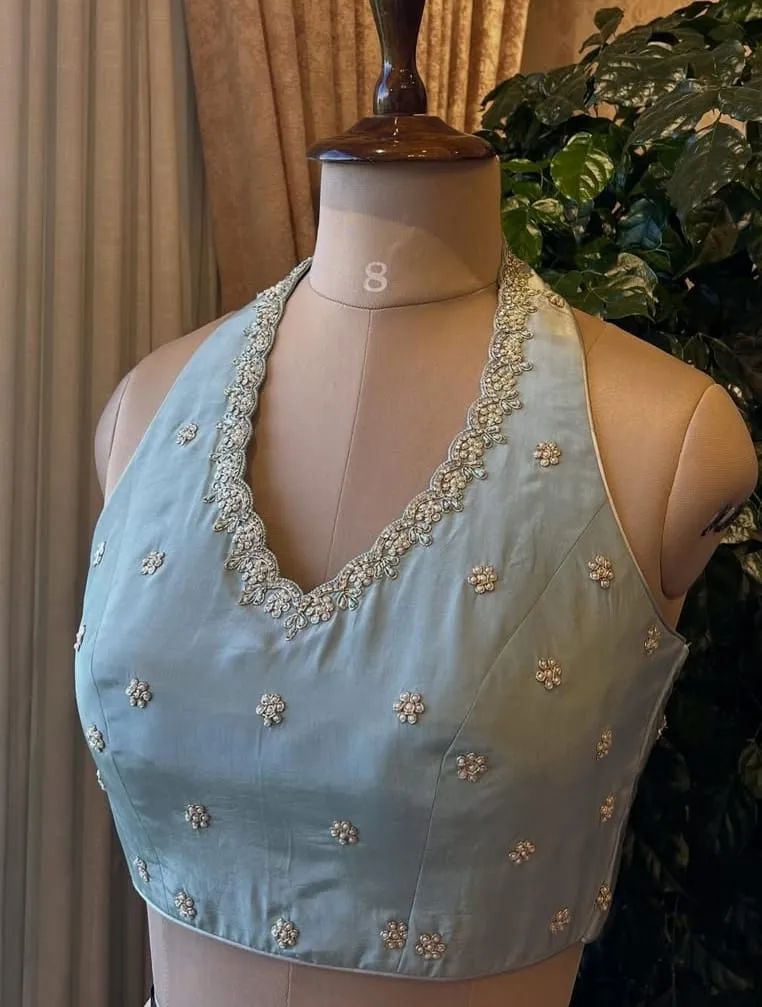 Exquisite Pastel Blue Halter Neck Blouse with Maggam Work Custom Sizes Available