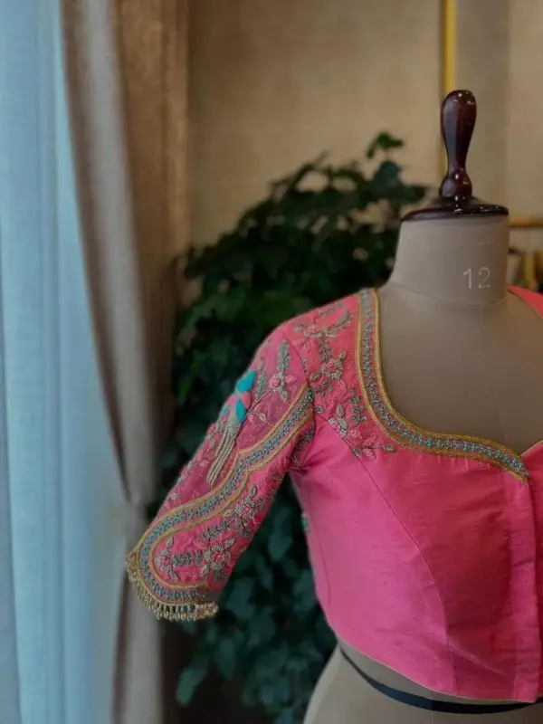 Gorgeous Baby Pink Peacock Aari Maggam Work Blouse Made-to-Measure Fit
