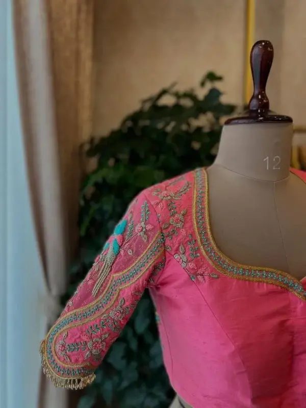Gorgeous Baby Pink Peacock Aari Maggam Work Blouse Made-to-Measure Fit