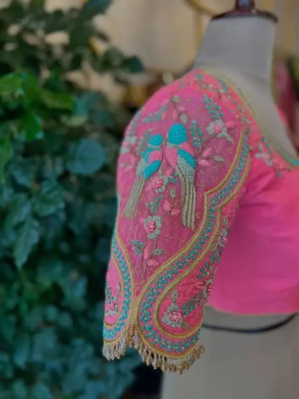 Gorgeous Baby Pink Peacock Aari Maggam Work Blouse Made-to-Measure Fit