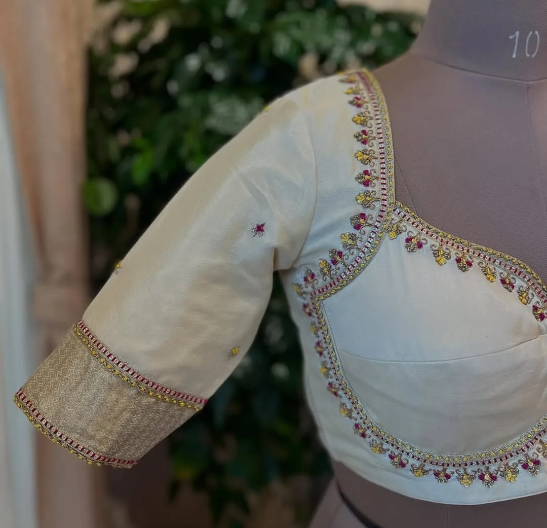 Half White Traditional Maggam Work Blouse Handcrafted Beauty in Custom Sizes