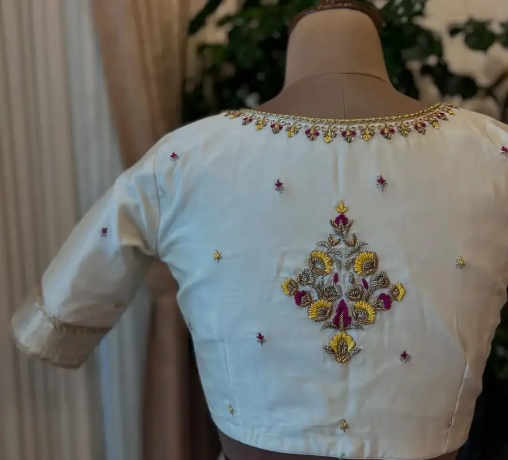 Half White Traditional Maggam Work Blouse Handcrafted Beauty in Custom Sizes