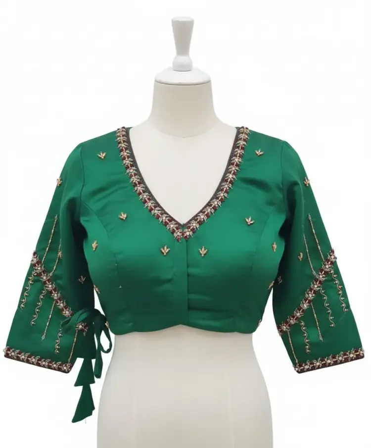 Handcrafted Bottle Green Maggam Work Blouse Premium Design at Budget Price