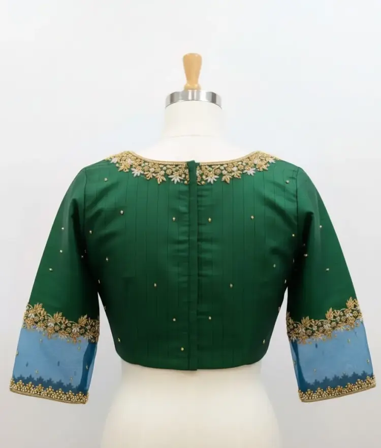 Luxury Bottle Green Net Sleeves Maggam Work Blouse Custom Sizes Available at Best Price