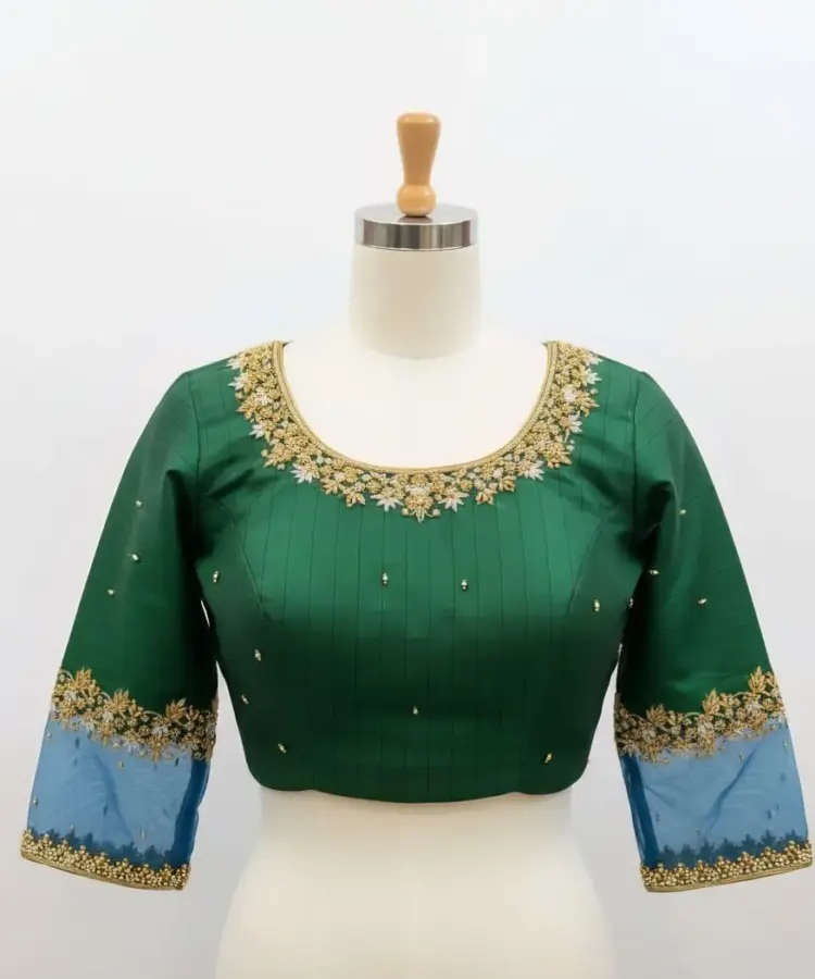 Luxury Bottle Green Net Sleeves Maggam Work Blouse Custom Sizes Available at Best Price